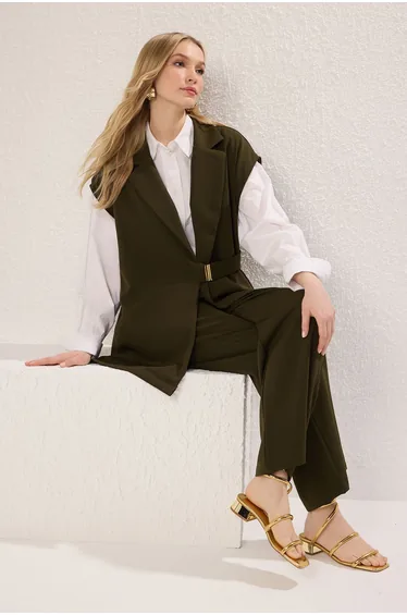 Khaki Vest-Pants Woven Bottom-Top Set