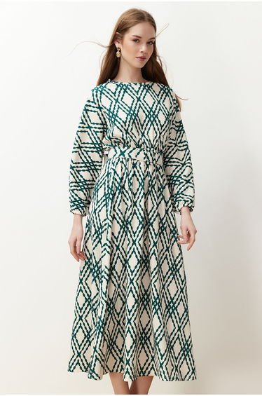 Green Patterned Crinkled Woven Dress