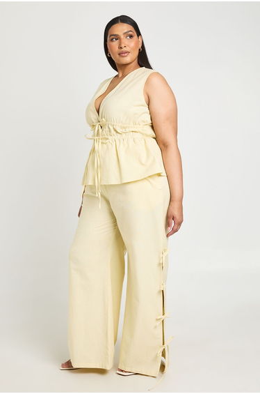 Plus Linen Look Tie Side Wide Leg Trouser - lemon