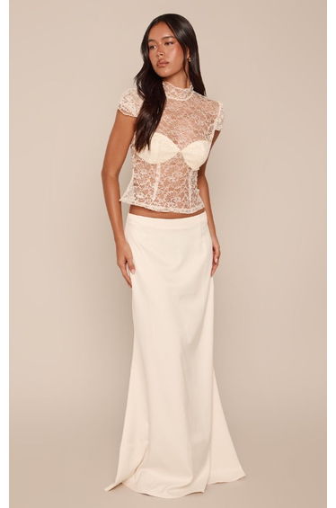 Cream Lace Short Sleeve High Neck Top