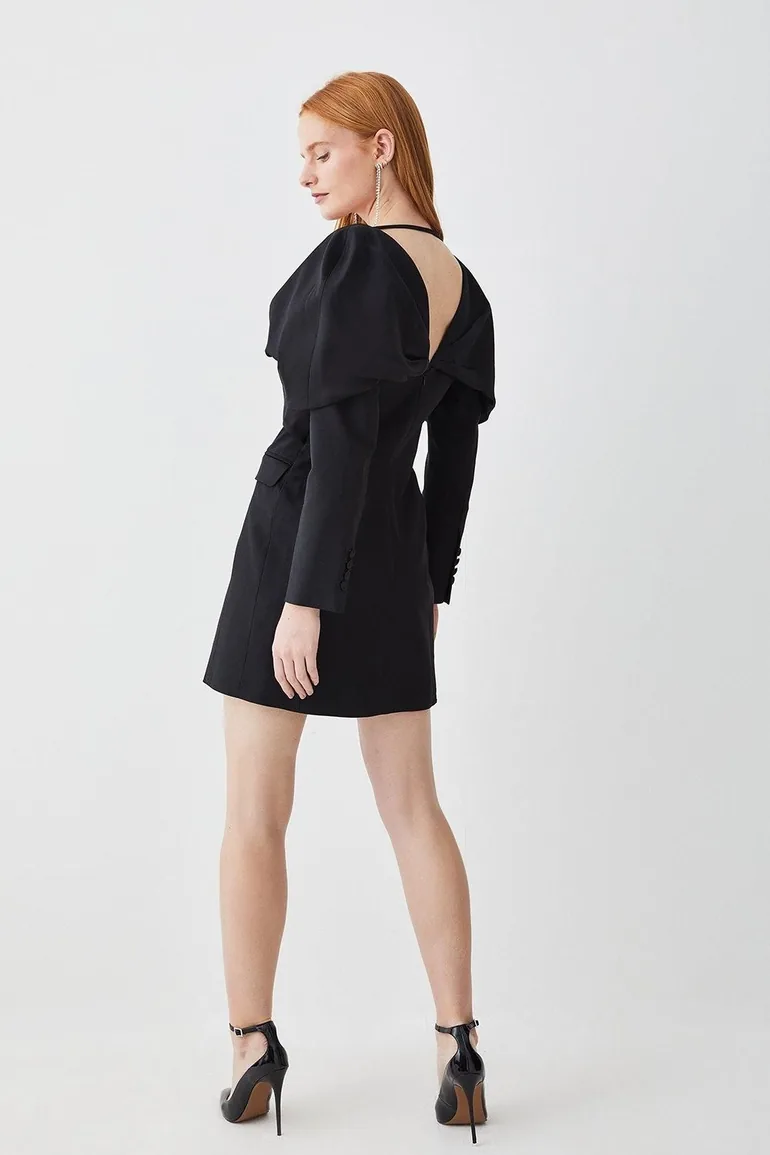 Italian Wool Satin Statement Shoulder Tailored Mini Dress - 2