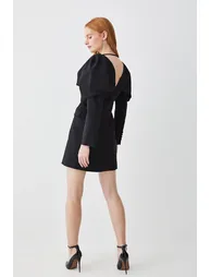 Italian Wool Satin Statement Shoulder Tailored Mini Dress - 2