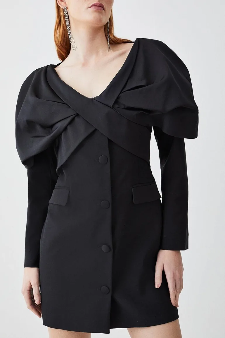 Italian Wool Satin Statement Shoulder Tailored Mini Dress - 1