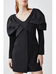 Italian Wool Satin Statement Shoulder Tailored Mini Dress - 1