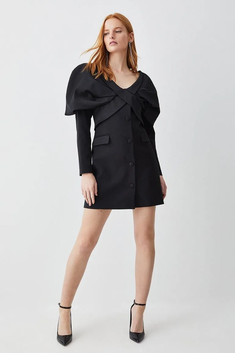 Italian Wool Satin Statement Shoulder Tailored Mini Dress