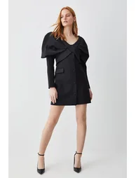 Italian Wool Satin Statement Shoulder Tailored Mini Dress