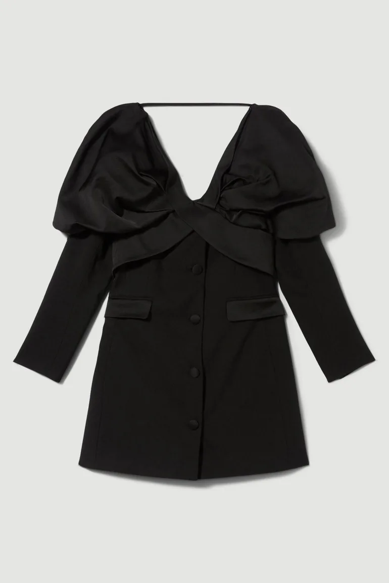 Italian Wool Satin Statement Shoulder Tailored Mini Dress - 3
