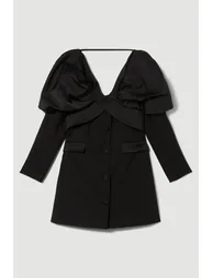 Italian Wool Satin Statement Shoulder Tailored Mini Dress - 3