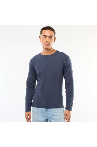 Plain Long-Sleeve Crew Neck T-Shirt BLUE