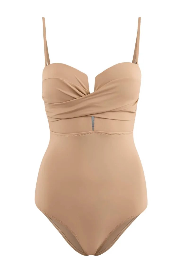 Skin Color Draped Strapless Covered Hipster Swimsuit - 1