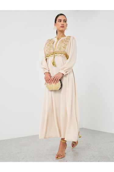 Embroidery Detail A-Line Maxi Dress with Tassel Detail