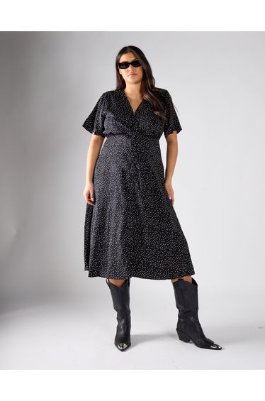 V - Neck Maxi Dress - Black White Dot