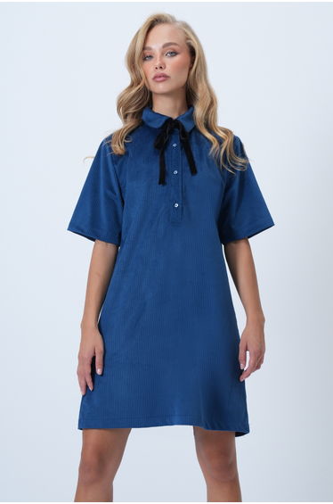 Women's Navy Blue Polo Neck Half Placket Buttoned Textured Velvet Mini Dress