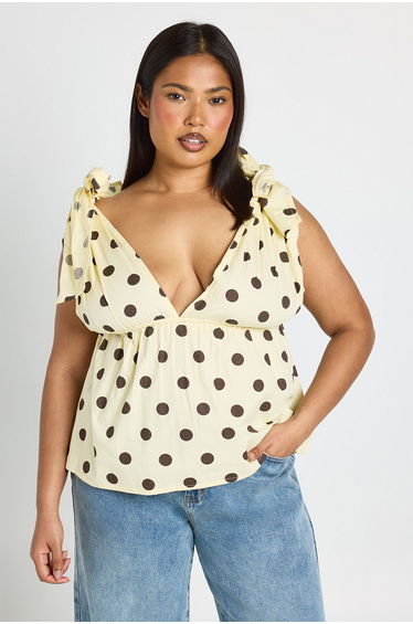 Plus Tie Shoulder Polka Dot Smock Top - lemon