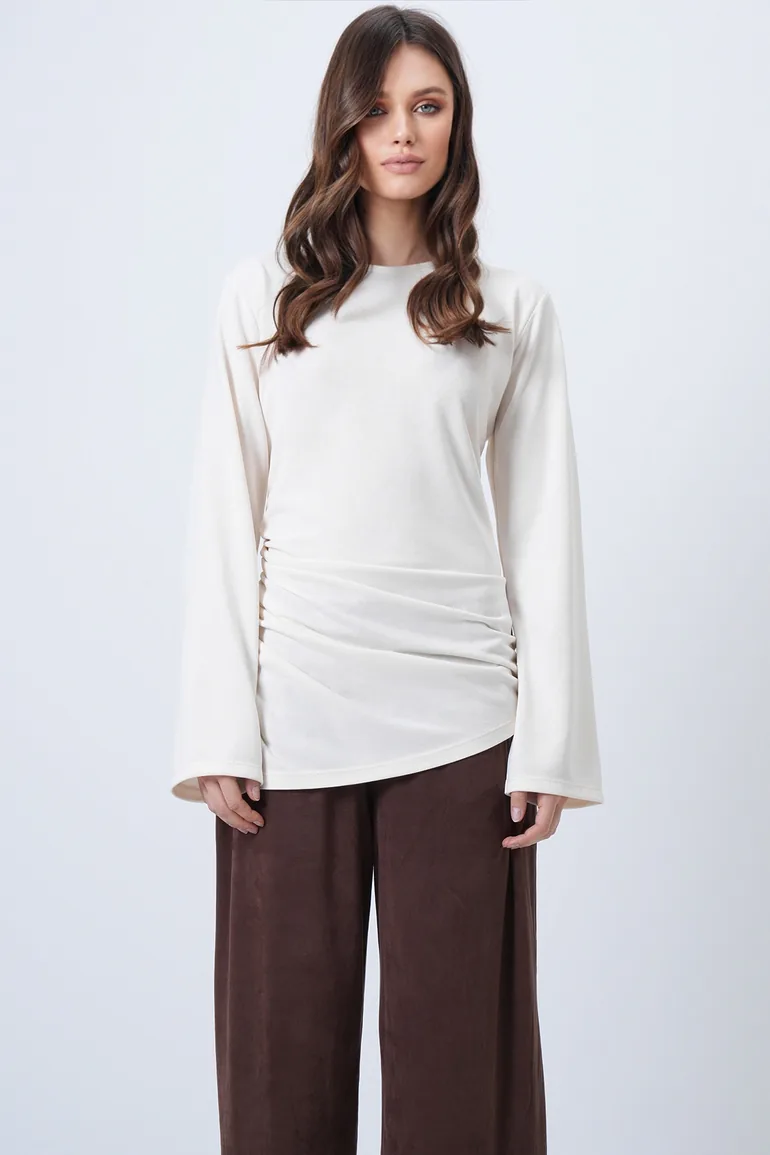 Women's Ecru Crew Neck Asymmetrical Cut Long Tunic - 1