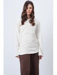 Women's Ecru Crew Neck Asymmetrical Cut Long Tunic - 4