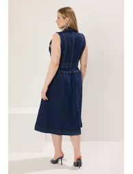 Dark Blue Jacket Collar A-line Denim Plus Size Dress - 3
