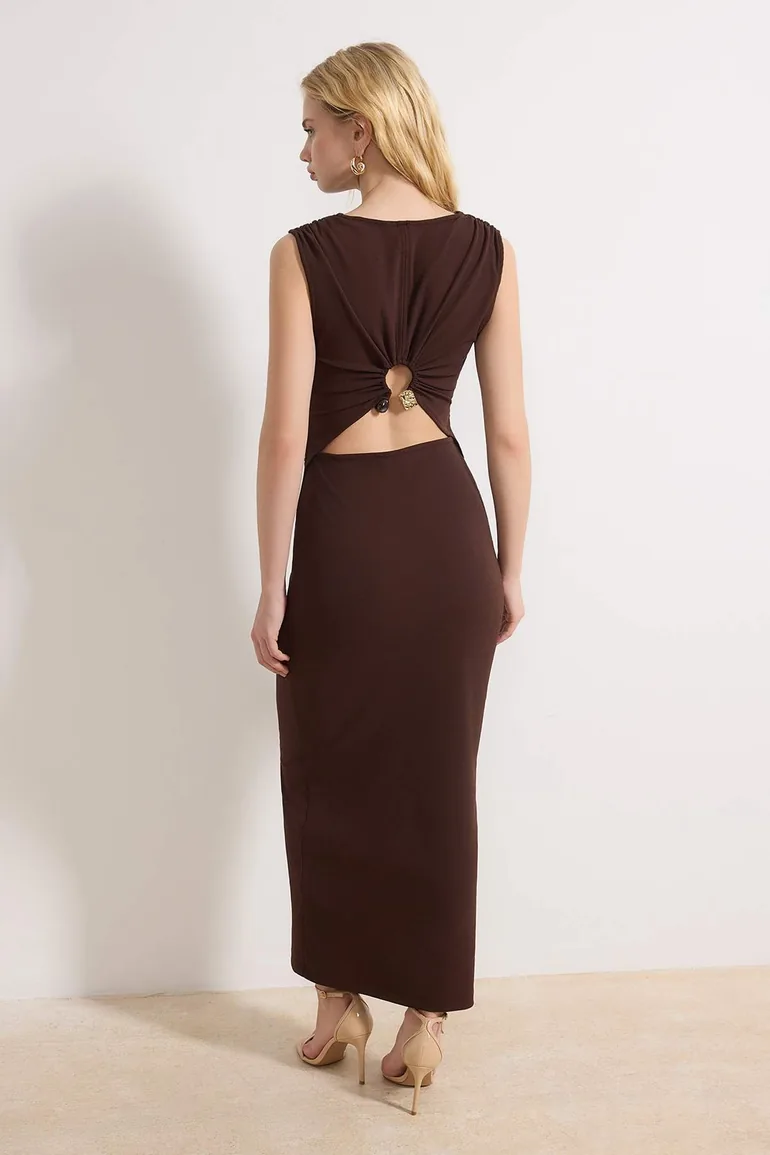 Brown Straight Midi Knitted Dress - 3