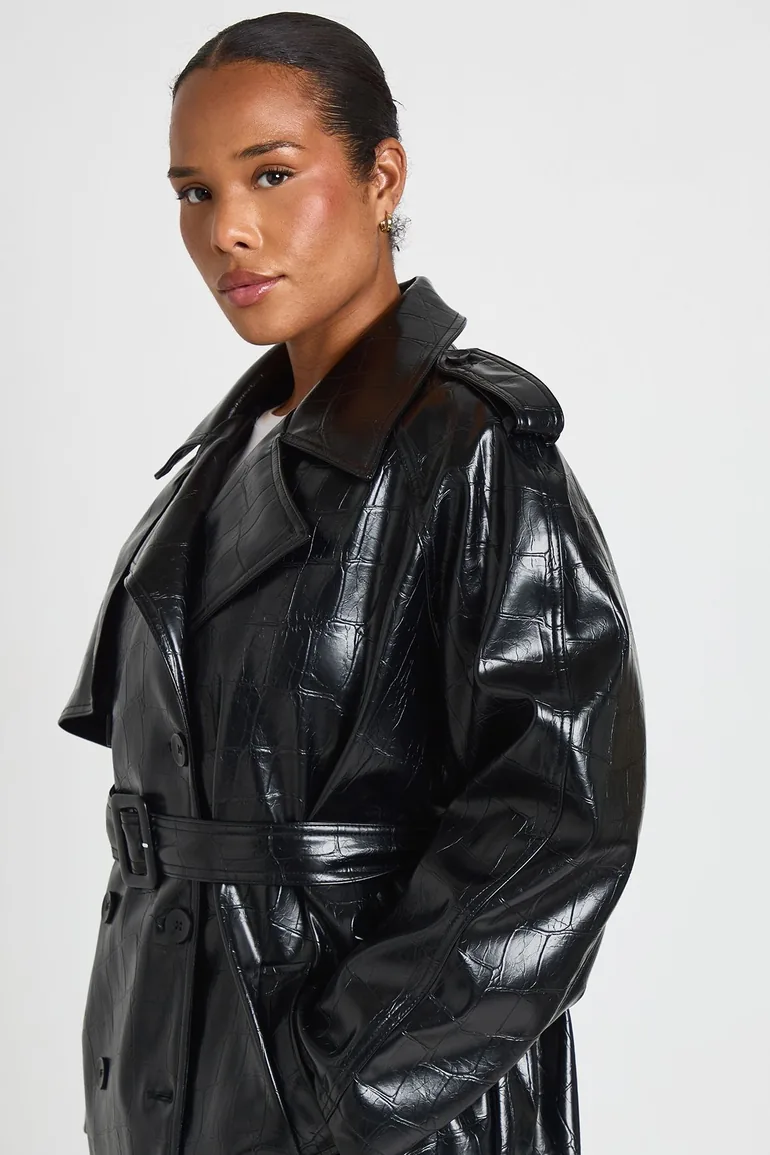 Plus Croc Faux Leather Belted Trench Coat - black - 2