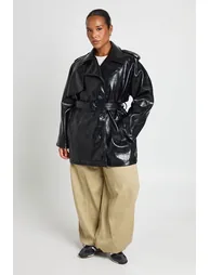 Plus Croc Faux Leather Belted Trench Coat - black