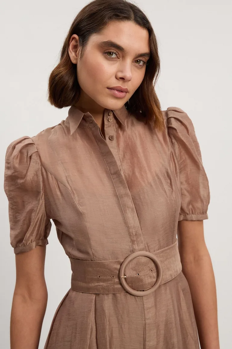 Organdie Tie Neck Woven Midi Dress - 1