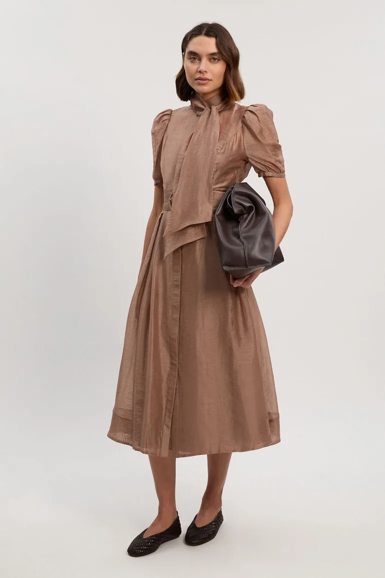 Organdie Tie Neck Woven Midi Dress