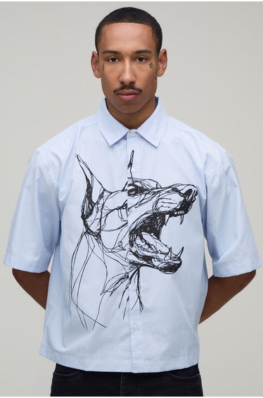 Oversized Boxy Half Sleeve Print Stripe Shirt - blue