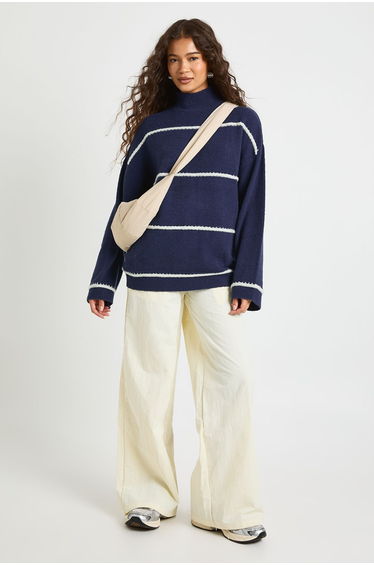High Neck Seam Detail Knit Jumper - navy