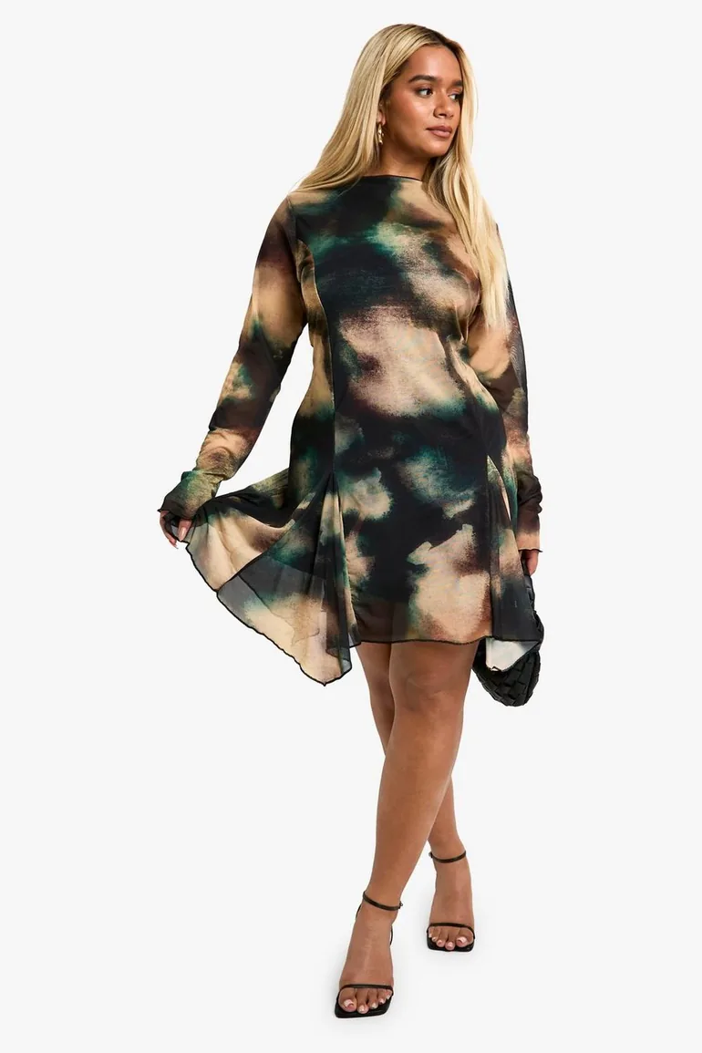 Plus Abstract Godet Hem Mini Dress - multi
