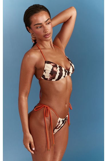 Stone Animal Print Contrast Strap Tie Side Bikini Bottoms