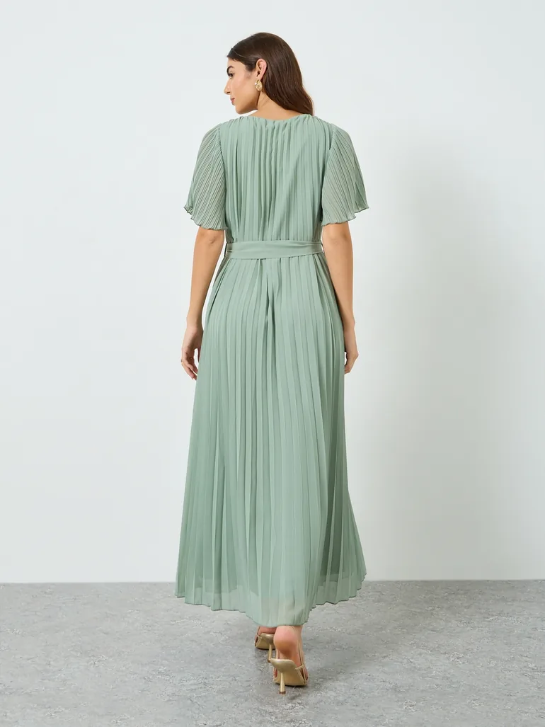 pleated tie belt dress PLEATED DRESS WITH A BELT