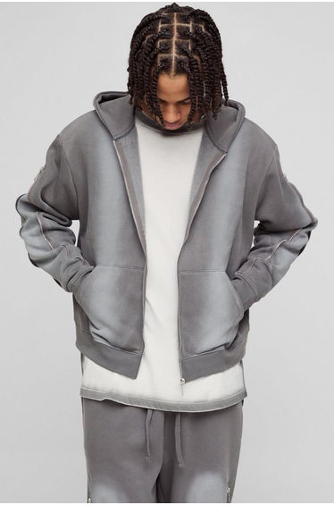Oversized Boxy Zip Detail Spray Wash Zip Through Hoodie - grey