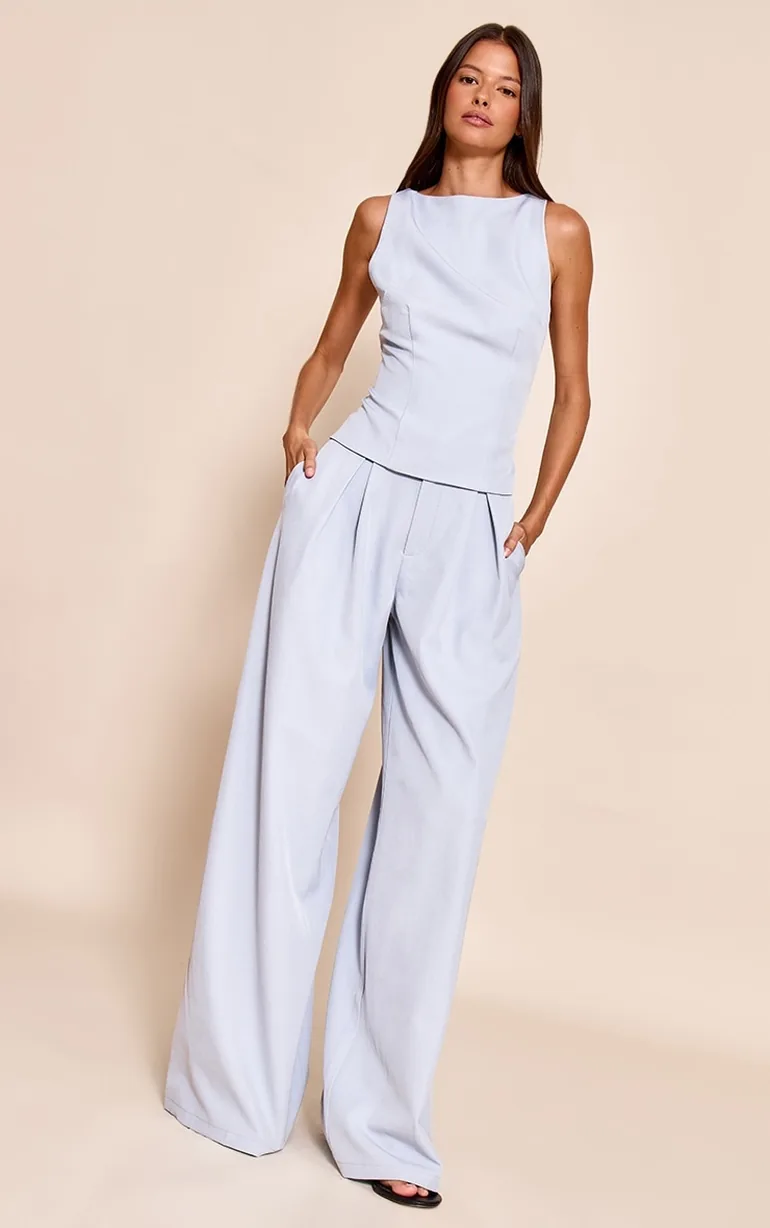 Pale Blue Racer Neck Detail Top - 2