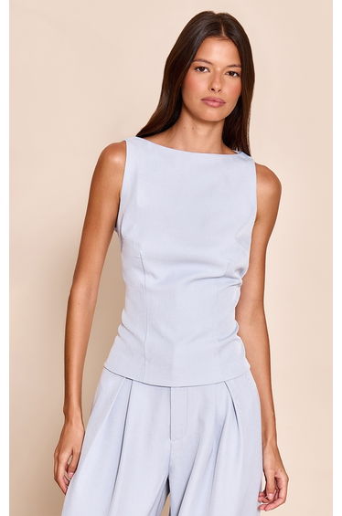 Pale Blue Racer Neck Detail Top
