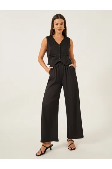 Solid V Neck Sleeveless Vest and Straight Leg Pants Co-Ords