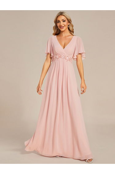 ever IVYROSE|Ruffles Sleeve A-Line Chiffon Waist Applique Maxi Formal Evening Dress