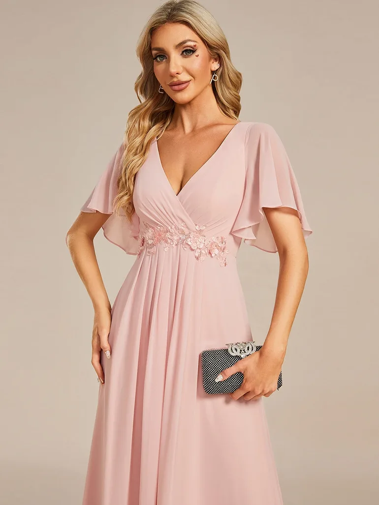 ever IVYROSE|Ruffles Sleeve A-Line Chiffon Waist Applique Maxi Formal Evening Dress - 4