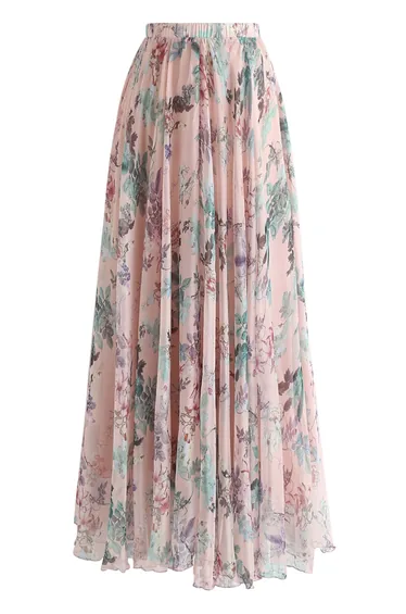 Pinky Blossom Watercolor Maxi Skirt