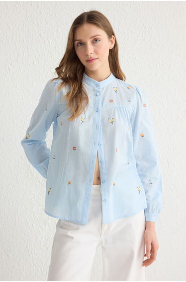 Blue Floral Embroidered Woven Shirt