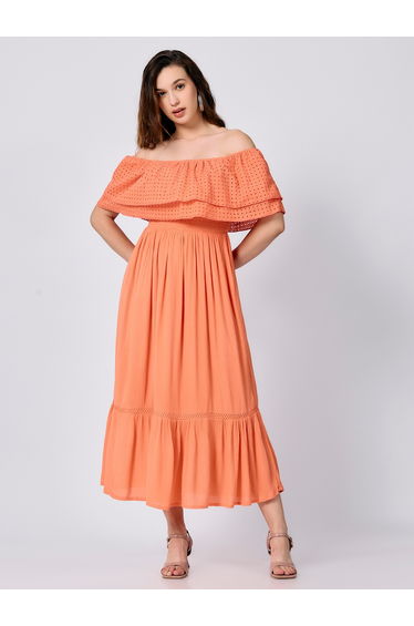 Peach Off Shoulder Tiered Midi Dress