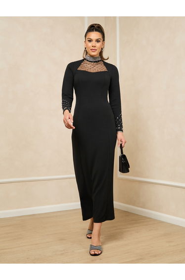 Embellished Mesh Insert Hight Neck Sheath Maxi Dress