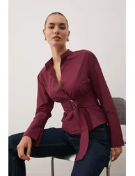 Burgundy belted adjustable shirt with snap front - 1