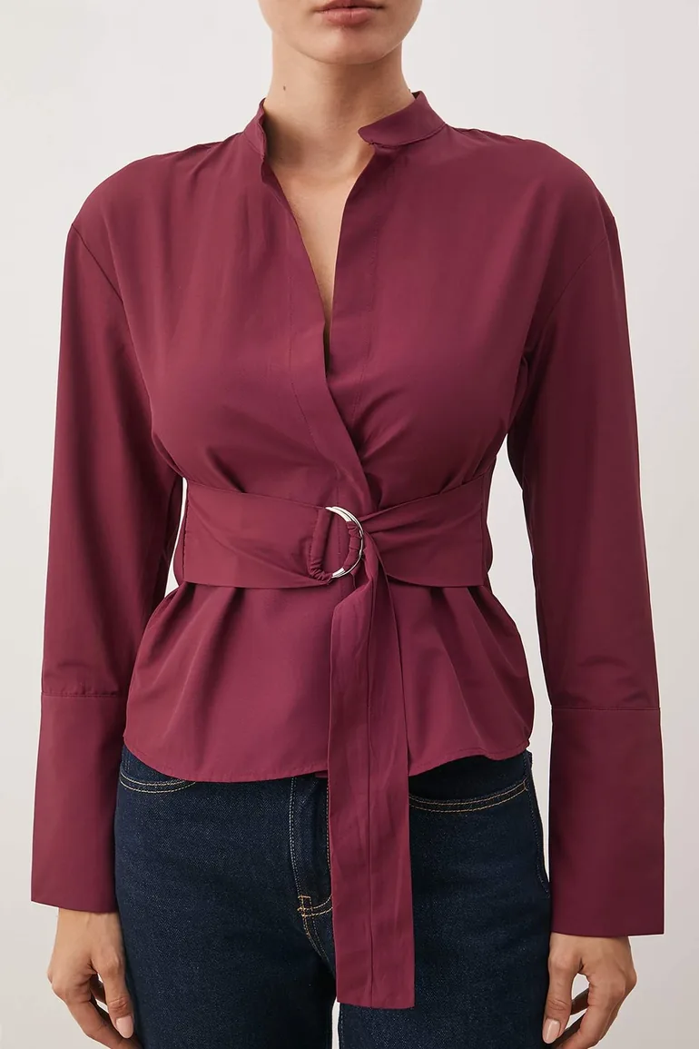 Burgundy belted adjustable shirt with snap front - 2