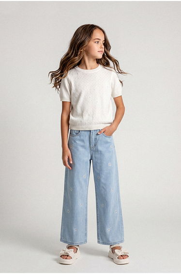 Embroidered Wide Leg Denim Pants