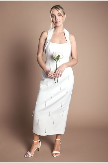 Petite Halter Satin Midi Wedding Dress With Pearl