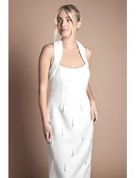 Petite Halter Satin Midi Wedding Dress With Pearl - 3