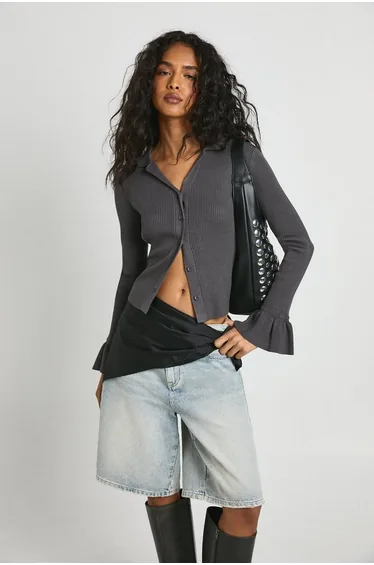 Collar Detail Flare Sleeve Knitted Cardigan - charcoal