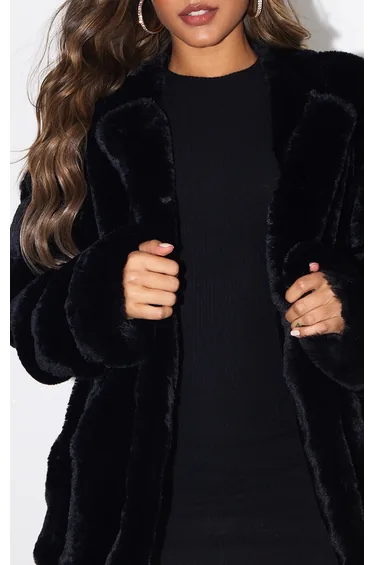 Black Faux Fur Bubble Vertical Coat