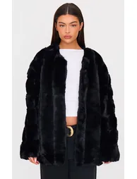 Black Faux Fur Bubble Vertical Coat - 5