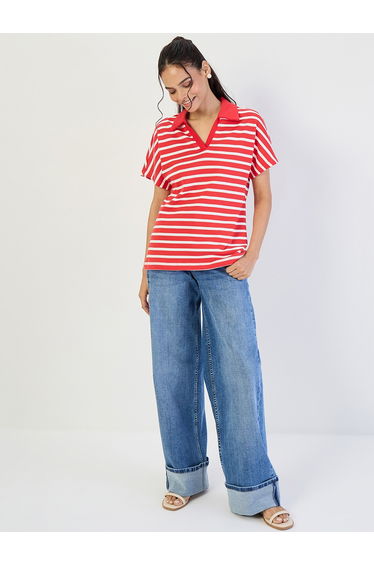 Red Striped Polo Knit T-Shirt